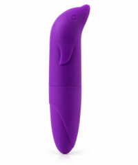 Vibrador Golfinho roxo para ponto G, com ponta curvada, formato compacto e acabamento aveludado.