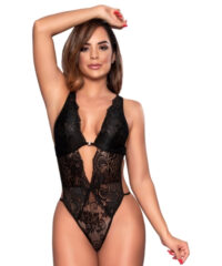 Body Sensual de Renda Floral Preta - Decote Profundo com Tule