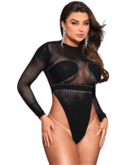 Bodystocking Glamouroso com Strass - Mangas Longas e Recortes Estratégicos