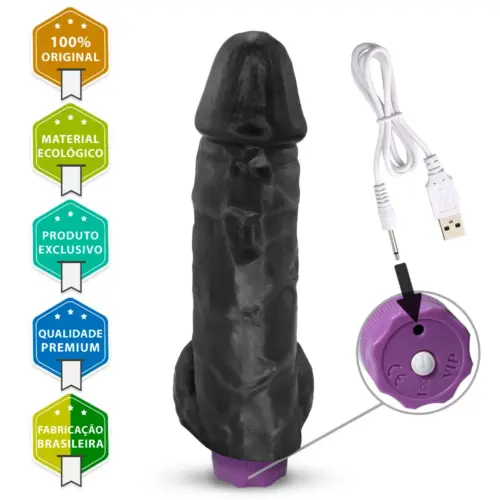 Pênis com Escroto e Vibrador 10 Velocidades Recarregável Crono 20 x 5cm Preto - Imagem 4