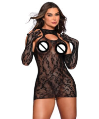 Bodystocking Mini Vestido com Luvas Longas - Padrão Onça