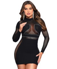 Bodystocking Vestido com Mangas Longas e Detalhes em Strass