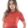 Cropped em Tule com Detalhes em Renda - Vermelho - Tam. Único (P ao G)