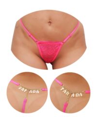 Calcinha Fio Dental Rosa Neon Palavras Strass Tallyta