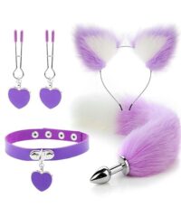 Kit - Rabo de Raposa com Tiara de Orelhas - Grampos para os seios em Metal e Gargantilha