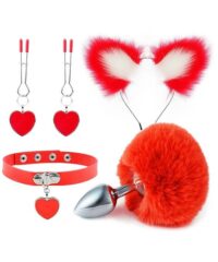 Kit - Rabo de Coelho com Tiara de Orelhas - Grampos para os seios em Metal e Gargantilha