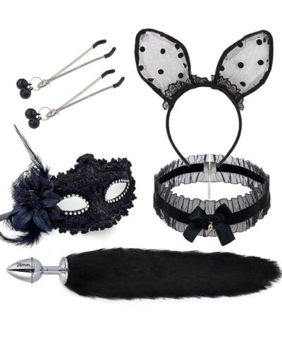 Kit Rabo de Raposa com Tiara de Orelhas, Grampos de Mamilos em Metal e Gargantilha e Mascara - Kit de Sado para Casal