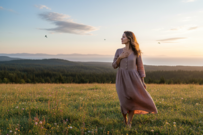 Mulher pensativa, olhar para o horizonte, ambiente tranquilo — sem conotação negativa