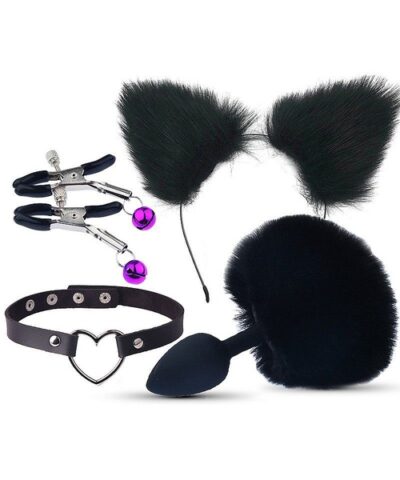 Kit - Rabo de Coelho com Tiara de Orelhas - Grampos para os seios em Metal e Gargantilha