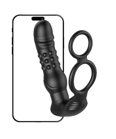 Vibrador de Próstata com Anel Duplo Peniano - Dedilhar / Vem cá com Vai e vem de Esferas - 15,8 x 4,8cm - Via APP À Longa Distância