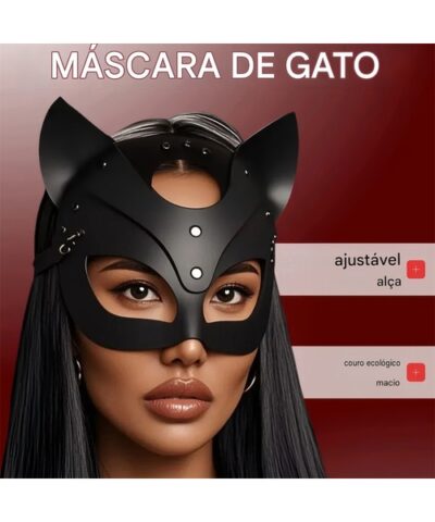 Máscara de Gatinha em Couro Sintético com Orelhas e Ajuste Regulável