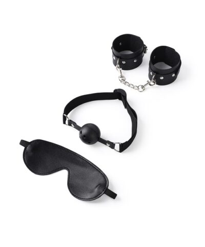 Kit Fetiche para Casal com Algemas Ajustáveis, Máscara para Olhos e Mordaça com Bola – 3 Peças