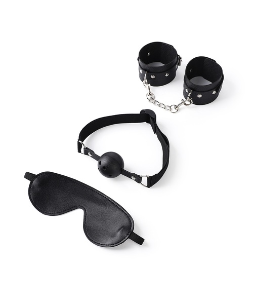 Kit Fetiche para Casal com Algemas Ajustáveis, Máscara para Olhos e Mordaça com Bola – 3 Peças