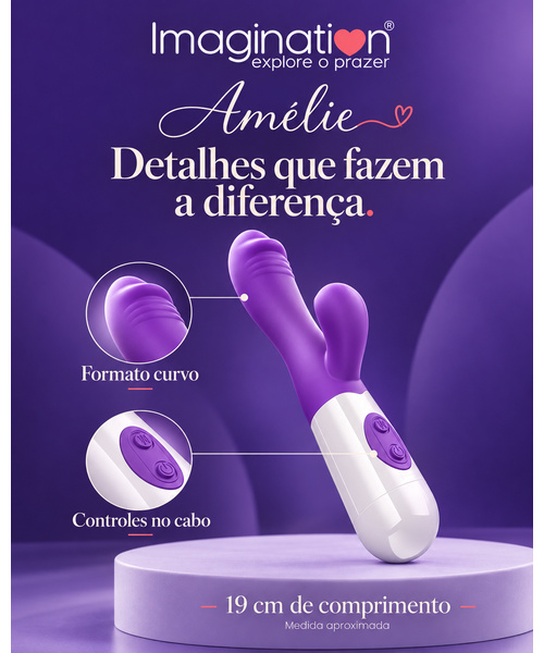 Vibrador Rabbit Amélie Imagination® Ponto G e Clitóris — 20 Modos, Dois Motores e Recarga USB — Roxo - Imagem 9