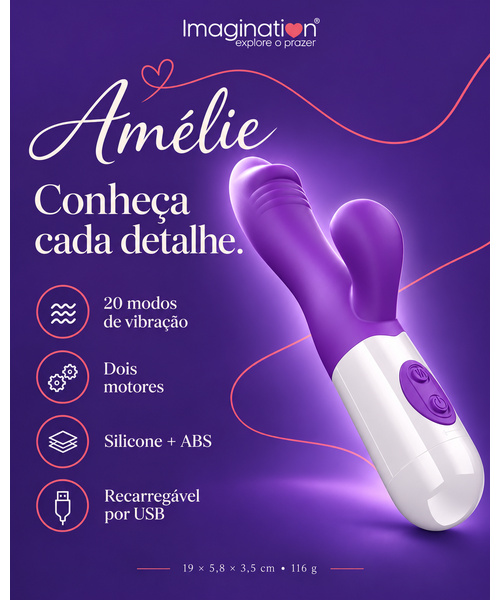 Vibrador Rabbit Amélie Imagination® Ponto G e Clitóris — 20 Modos, Dois Motores e Recarga USB — Roxo - Imagem 5