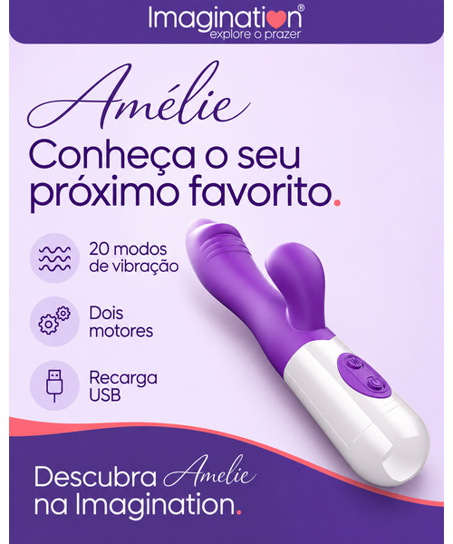 Vibrador Rabbit Amélie Imagination® Ponto G e Clitóris — 20 Modos, Dois Motores e Recarga USB — Roxo - Imagem 6