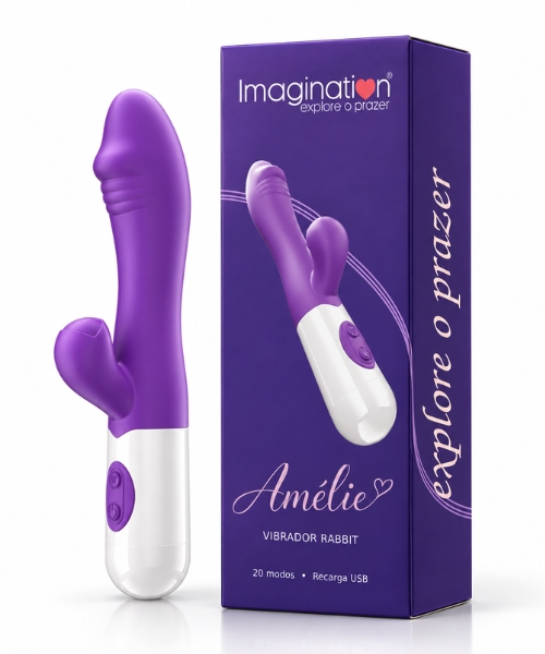 Vibrador Rabbit Amélie Imagination® Ponto G e Clitóris — 20 Modos, Dois Motores e Recarga USB — Roxo